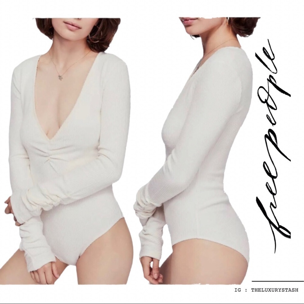 ⚫️ Free People Women Ivory V-Neck Cozy Up Rib-Knit Bodysuit Top Blouse Shir…‌